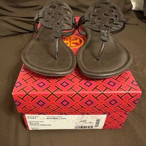 Tory Burch Brown Croc Embossed Sandals